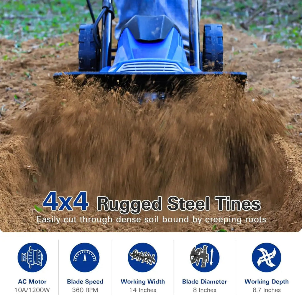 BILT HARD 14" Electric Tiller Cultivator – 10 Amp, 4 Steel Tines, 8.7" Tilling Depth & Foldable Handle
