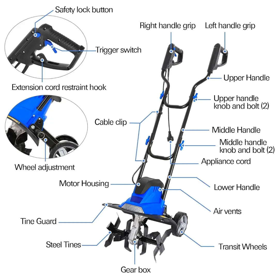 BILT HARD 14" Electric Tiller Cultivator – 10 Amp, 4 Steel Tines, 8.7" Tilling Depth & Foldable Handle