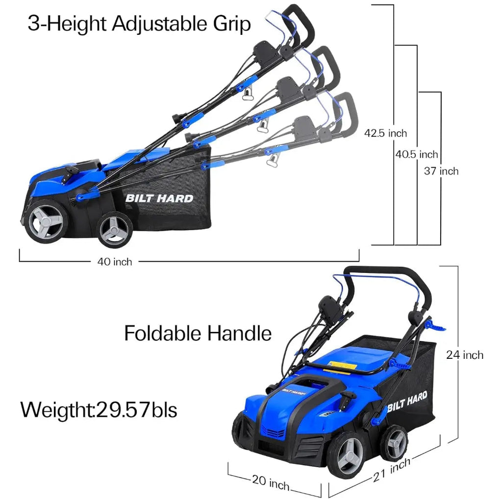 BILT HARD 15 Amp Electric Dethatcher & Scarifier: 16" Width, 14.5-Gallon Bag, 2-in-1 Walk-Behind Lawn Tool