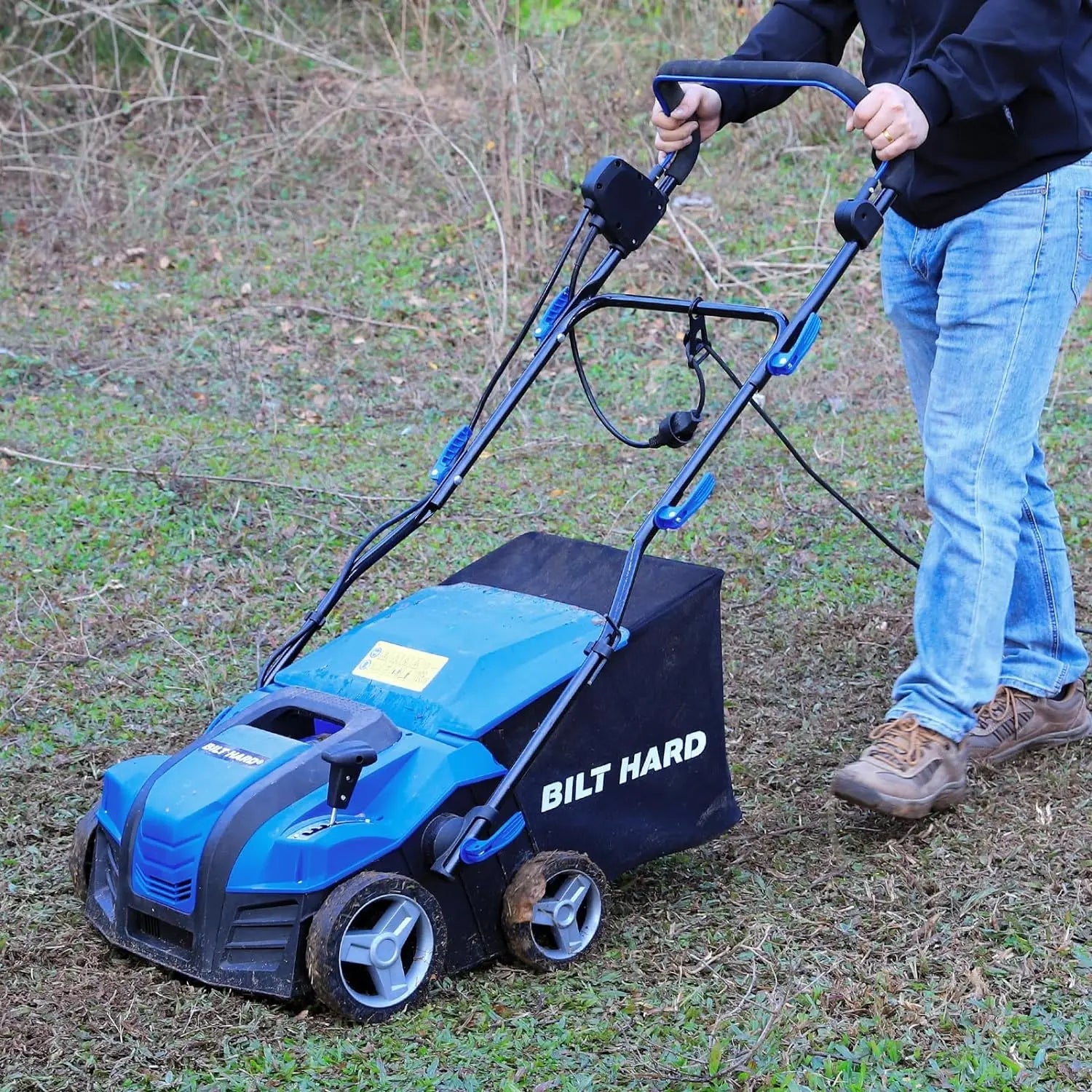 BILT HARD 15 Amp Electric Dethatcher & Scarifier: 16" Width, 14.5-Gallon Bag, 2-in-1 Walk-Behind Lawn Tool