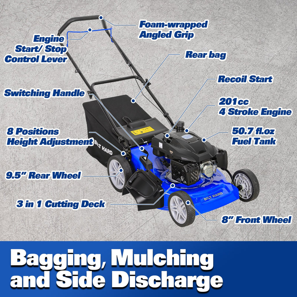 BILT HARD 21" Gas Push Mower – 201cc 3-in-1 Lawn Mower with Bagging, Mulching & Side Discharge