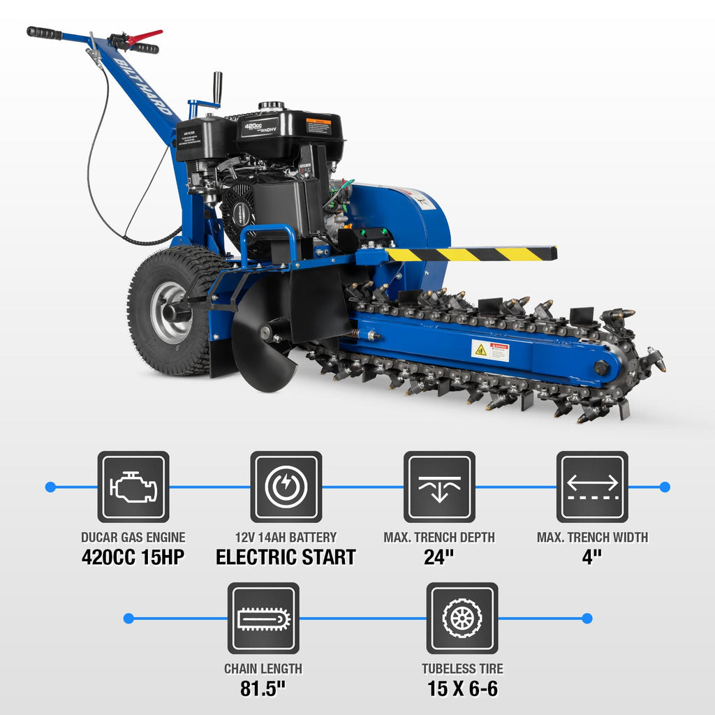 24-Inch Walk-Behind Trencher – 15HP 420cc Ducar Gas Engine, Electric Start