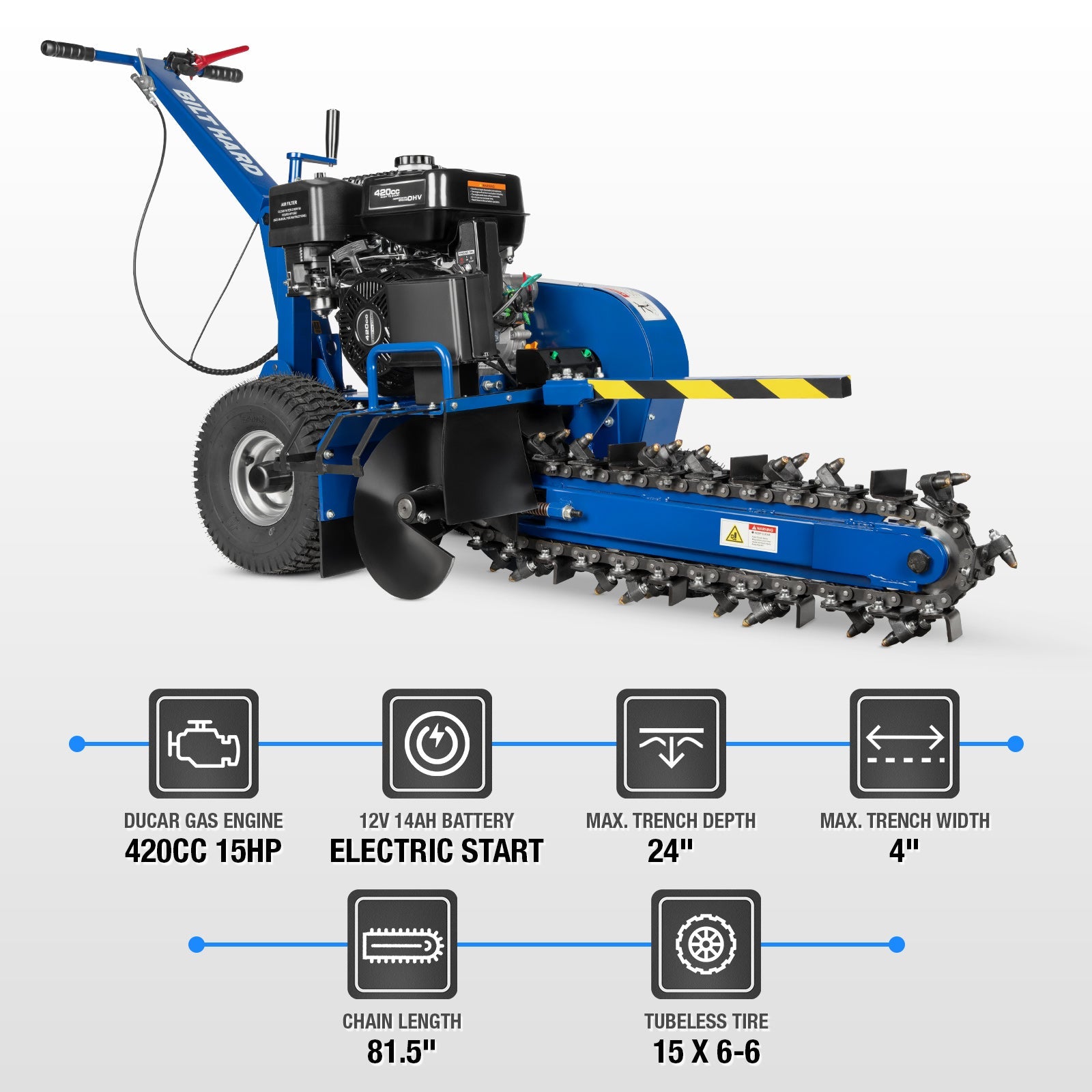 24-Inch Walk-Behind Trencher – 15HP 420cc Ducar Gas Engine, Electric Start