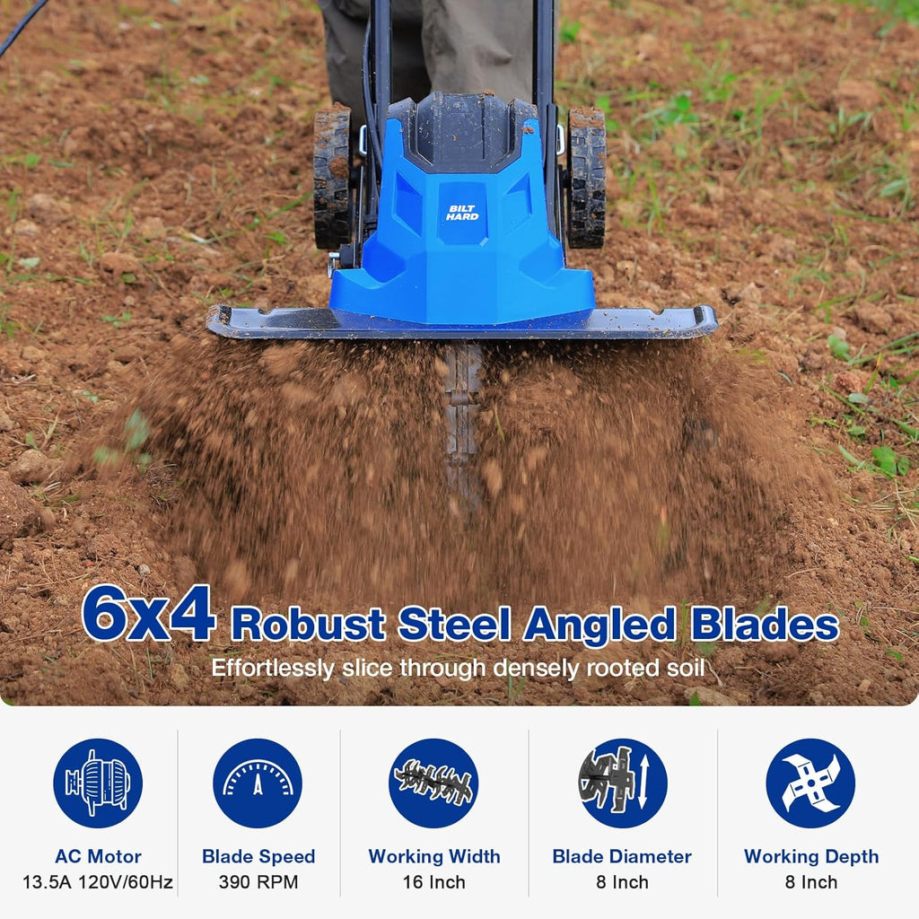 BILT HARD 16" Electric Garden Tiller & Cultivator, 13.5-Amp Corded Rototiller with 6 Steel Tines, Adjustable Wheels, Foldable Handle, 8-Inch Tilling Depth for Lawn, Yard & Garden Soil