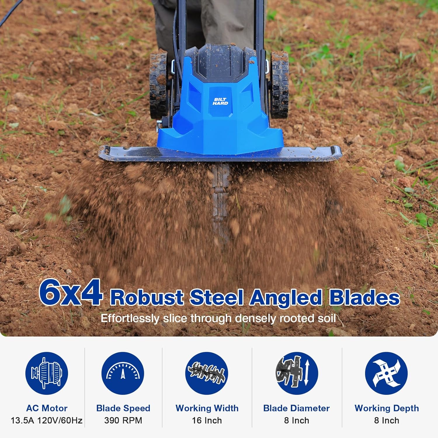 BILT HARD 16" Electric Garden Tiller & Cultivator, 13.5-Amp Corded Rototiller with 6 Steel Tines, Adjustable Wheels, Foldable Handle, 8-Inch Tilling Depth for Lawn, Yard & Garden Soil