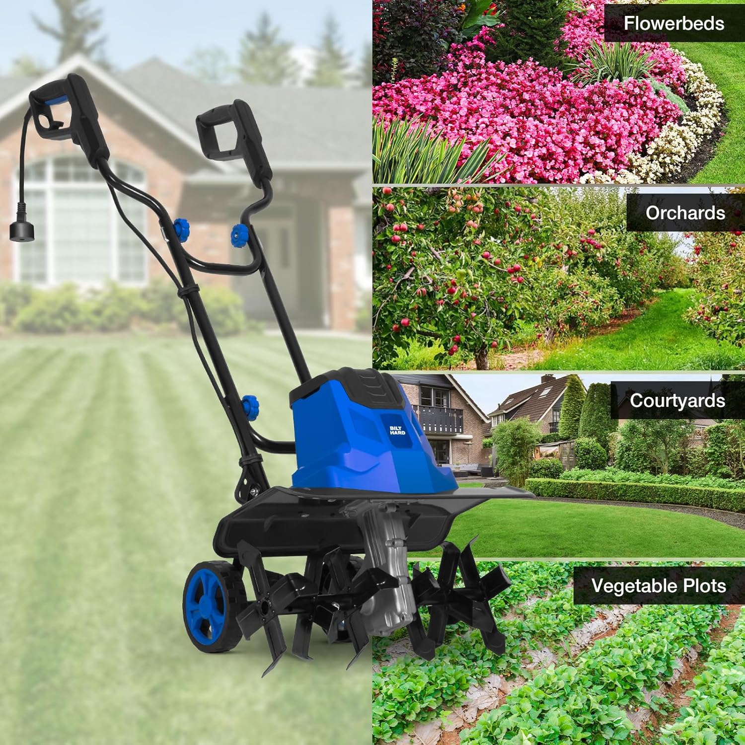 BILT HARD 16" Electric Garden Tiller & Cultivator, 13.5-Amp Corded Rototiller with 6 Steel Tines, Adjustable Wheels, Foldable Handle, 8-Inch Tilling Depth for Lawn, Yard & Garden Soil