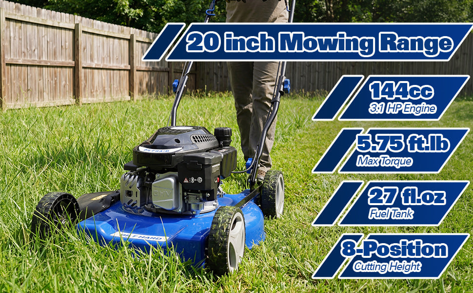 BILT HARD 20" Gas Push Lawn Mower – 144cc 4-Cycle Engine, 8 Cutting Heights, Perfect for Lawns, Yards & Gardens