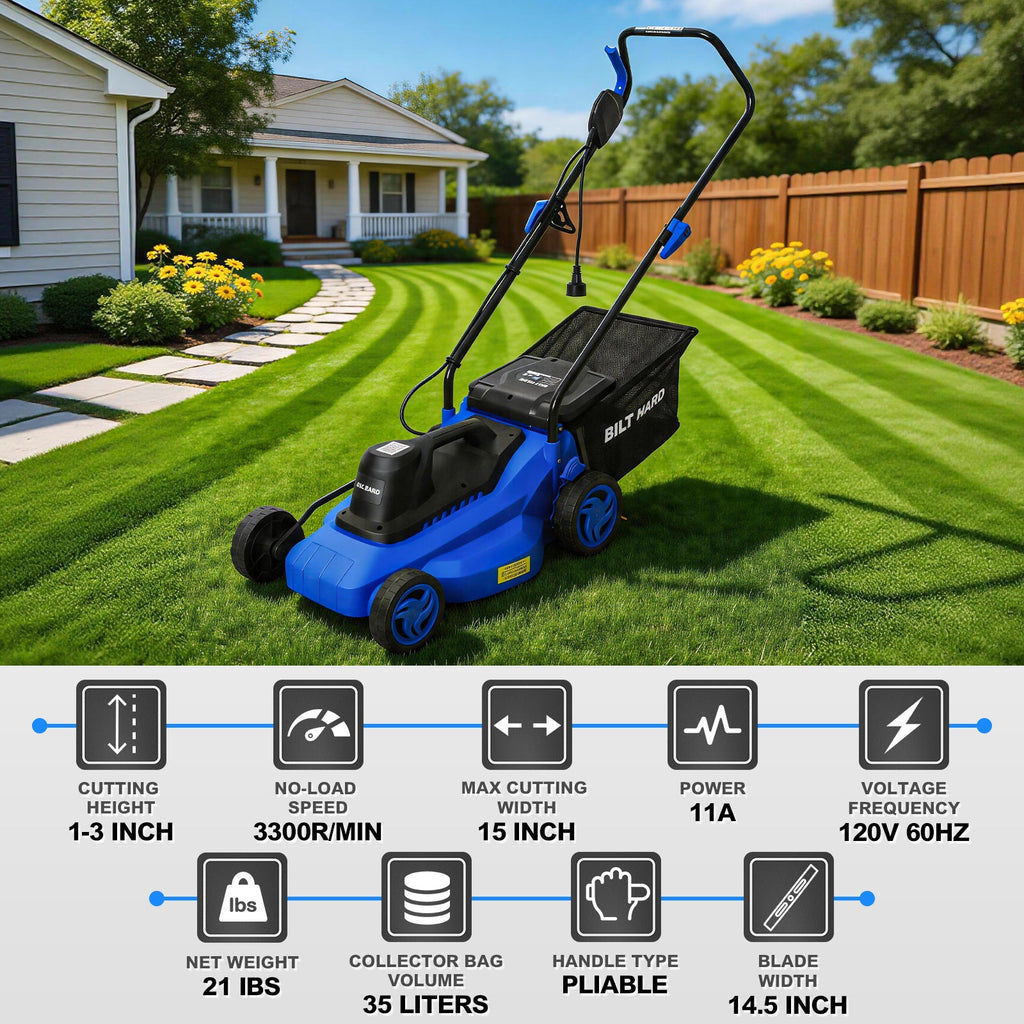 BILT HARD 15-Inch 11Amp Corded Electric Lawn Mower – Lightweight Push Mower with 9.2 Gal Collection Bag, 5 Height Adjustments, Ideal for Small to Medium Yards & Garden