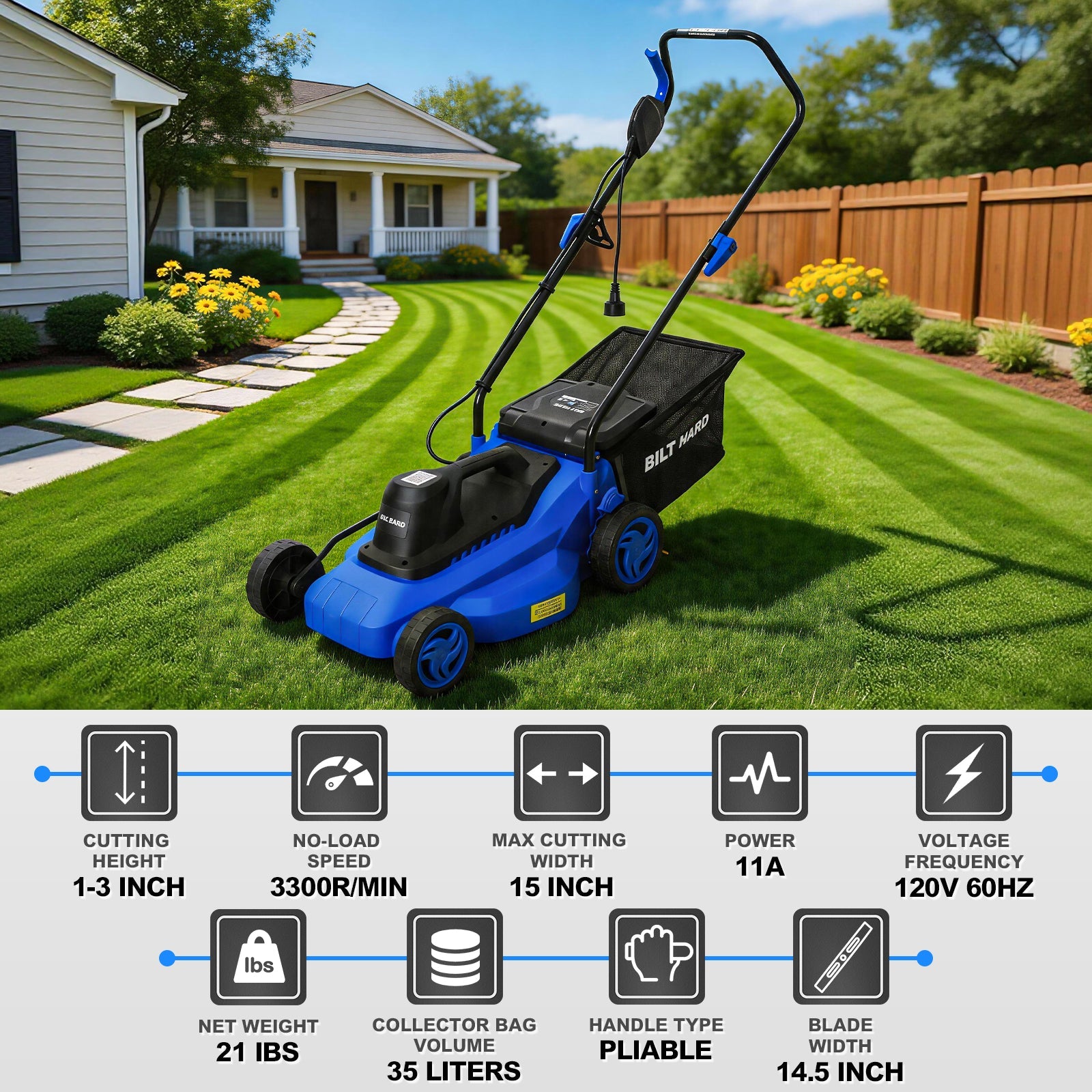 BILT HARD 15-Inch 11Amp Corded Electric Lawn Mower – Lightweight Push Mower with 9.2 Gal Collection Bag, 5 Height Adjustments, Ideal for Small to Medium Yards & Garden