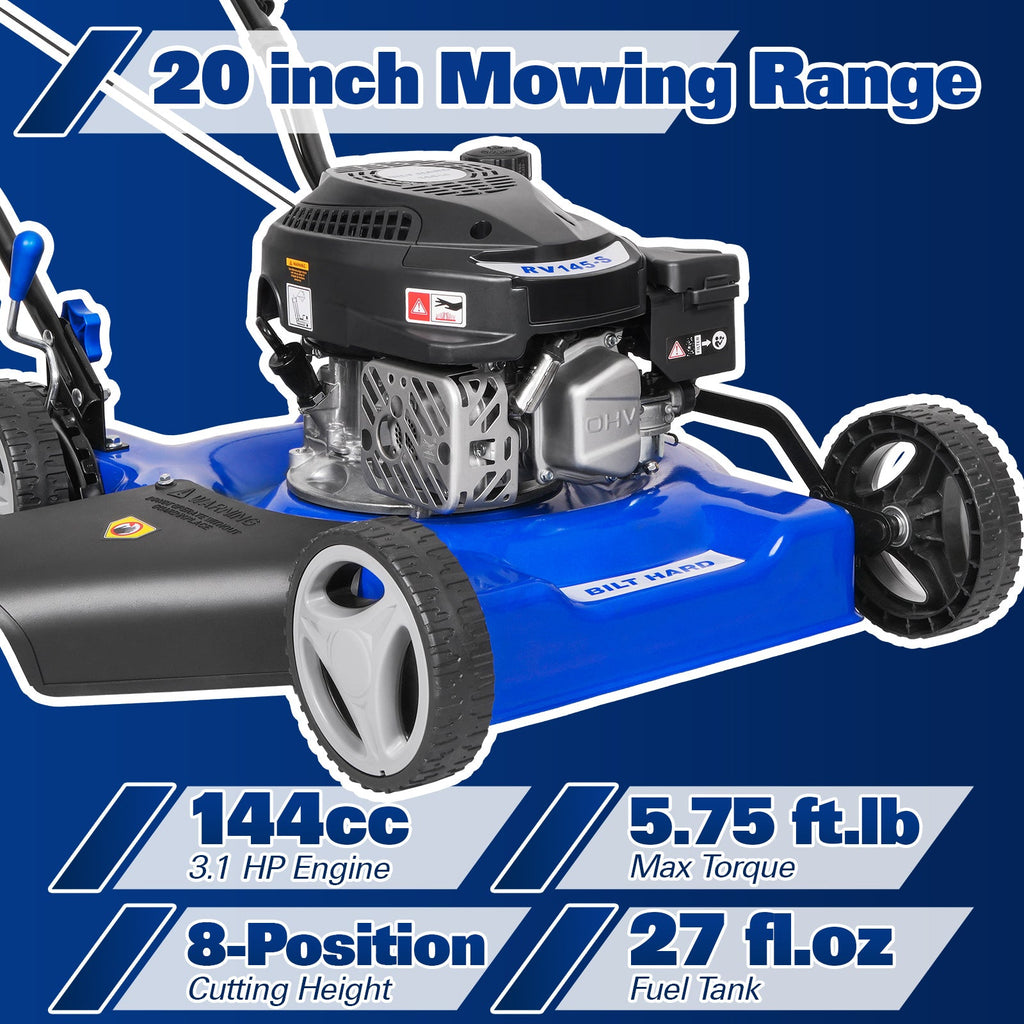 BILT HARD 20" Gas Push Lawn Mower – 144cc 4-Cycle Engine, 8 Cutting Heights, Perfect for Lawns, Yards & Gardens