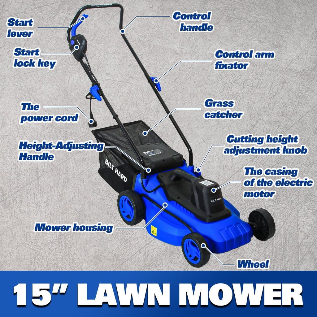 BILT HARD 15-Inch 11Amp Corded Electric Lawn Mower – Lightweight Push Mower with 9.2 Gal Collection Bag, 5 Height Adjustments, Ideal for Small to Medium Yards & Garden