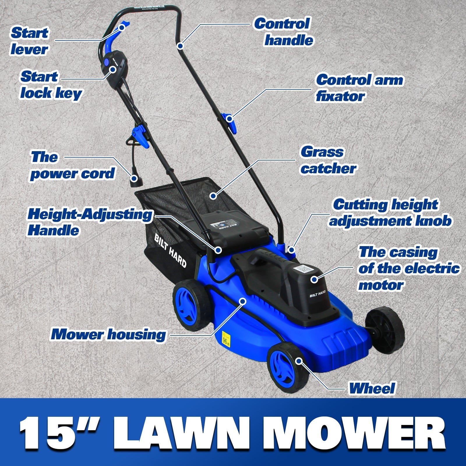 BILT HARD 15-Inch 11Amp Corded Electric Lawn Mower – Lightweight Push Mower with 9.2 Gal Collection Bag, 5 Height Adjustments, Ideal for Small to Medium Yards & Garden