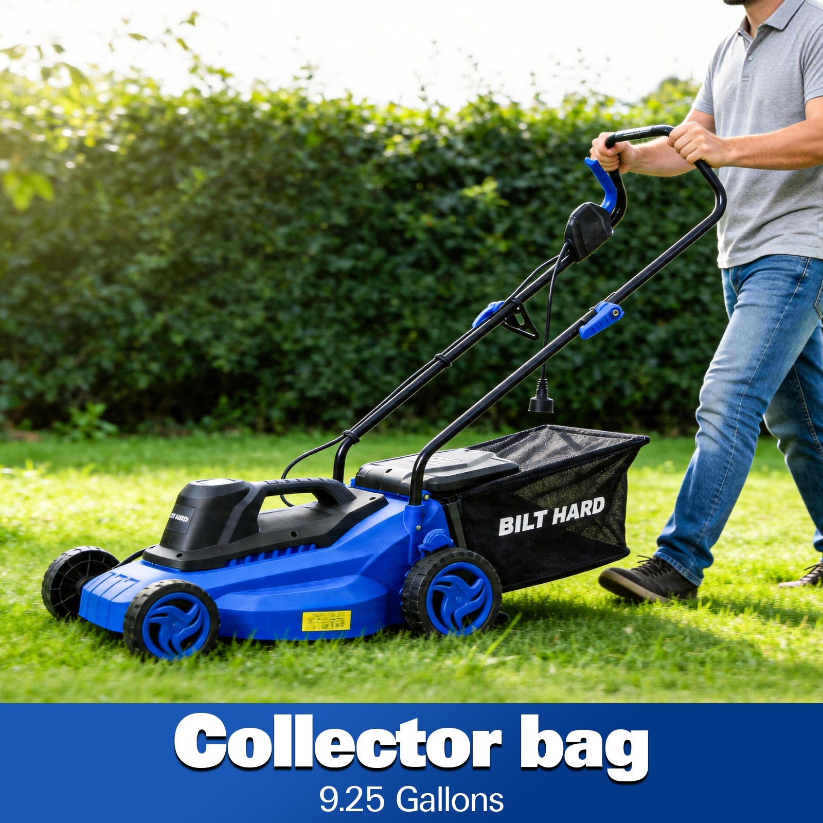 BILT HARD 15-Inch 11Amp Corded Electric Lawn Mower – Lightweight Push Mower with 9.2 Gal Collection Bag, 5 Height Adjustments, Ideal for Small to Medium Yards & Garden