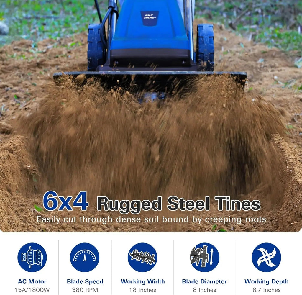 BILT HARD 18" Electric Garden Tiller – 15 Amp Corded Cultivator with 6 Steel Tines & Adjustable Wheels for Easy Soil Prep