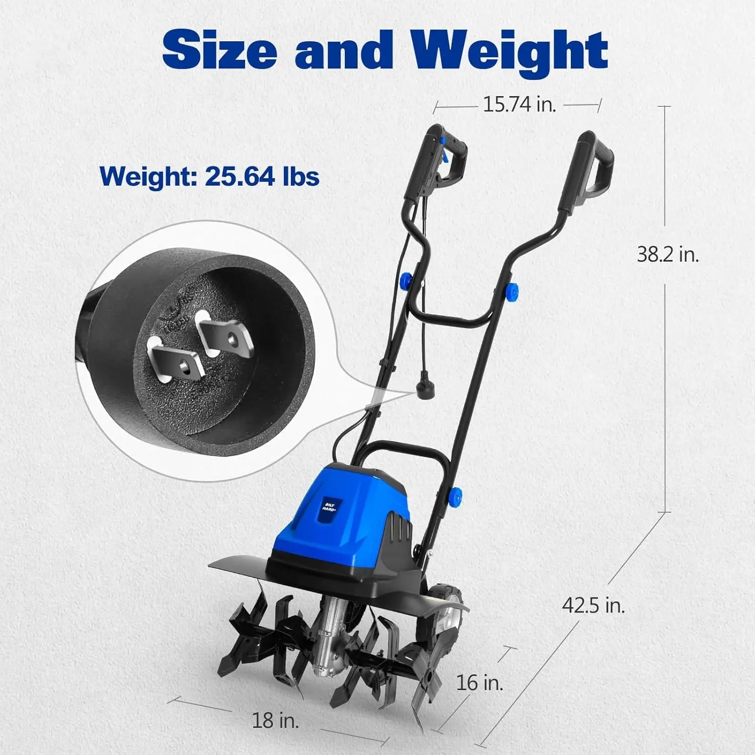 BILT HARD 18" Electric Garden Tiller – 15 Amp Corded Cultivator with 6 Steel Tines & Adjustable Wheels for Easy Soil Prep