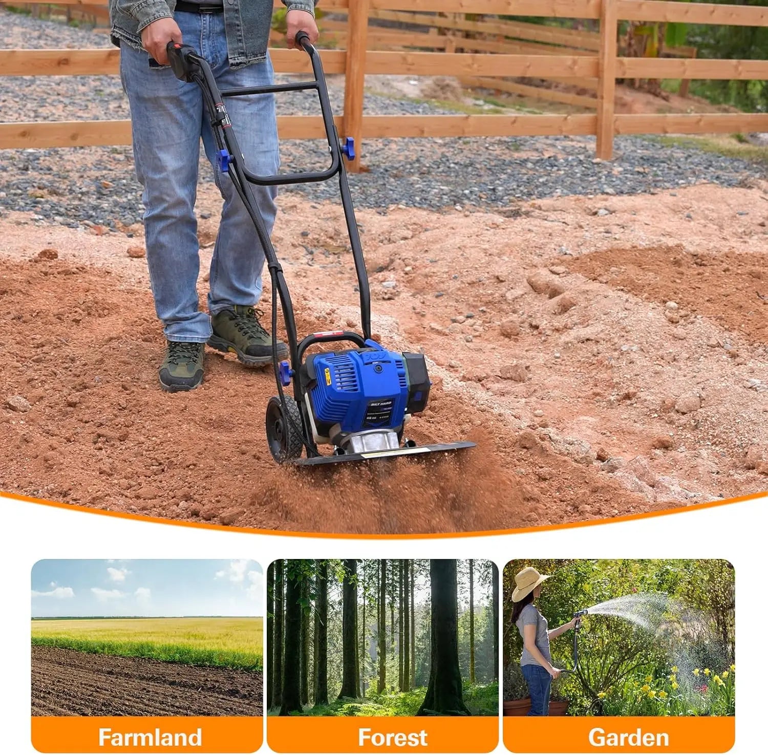 BILT HARD 16" Gas Garden Tiller – 46cc 4-Cycle Engine, 6 Steel Tines, Adjustable Wheels & Cushioned Handles for Easy Tilling & Weeding