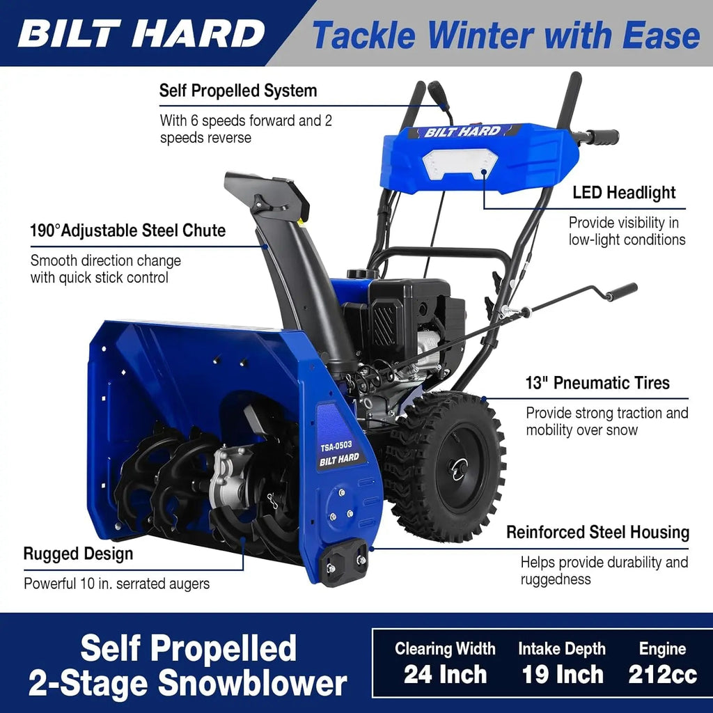 24" Gas Powered Snow Blower 212cc Engine with Electric Start 2-Stage Self-Propelled