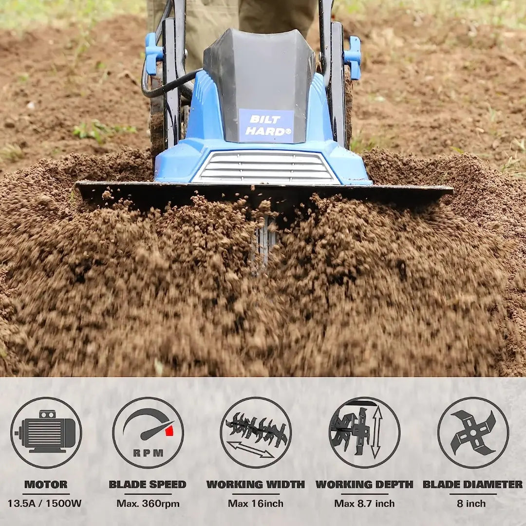 BILT HARD 16" Electric Tiller Cultivator – 13.5 Amp Motor, 6 Steel Tines, Foldable Garden Rototiller with Adjustable Wheels