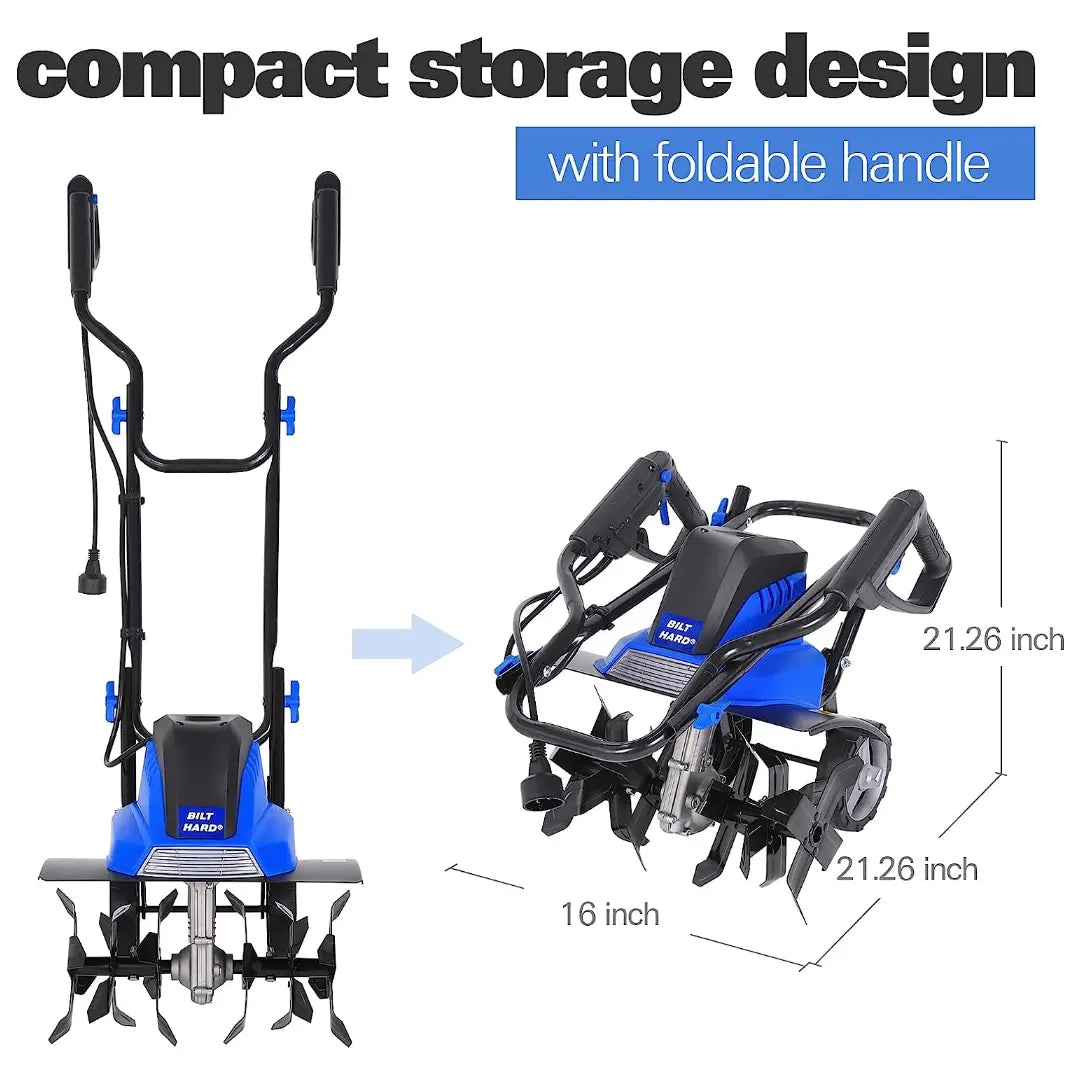 BILT HARD 16" Electric Tiller Cultivator – 13.5 Amp Motor, 6 Steel Tines, Foldable Garden Rototiller with Adjustable Wheels