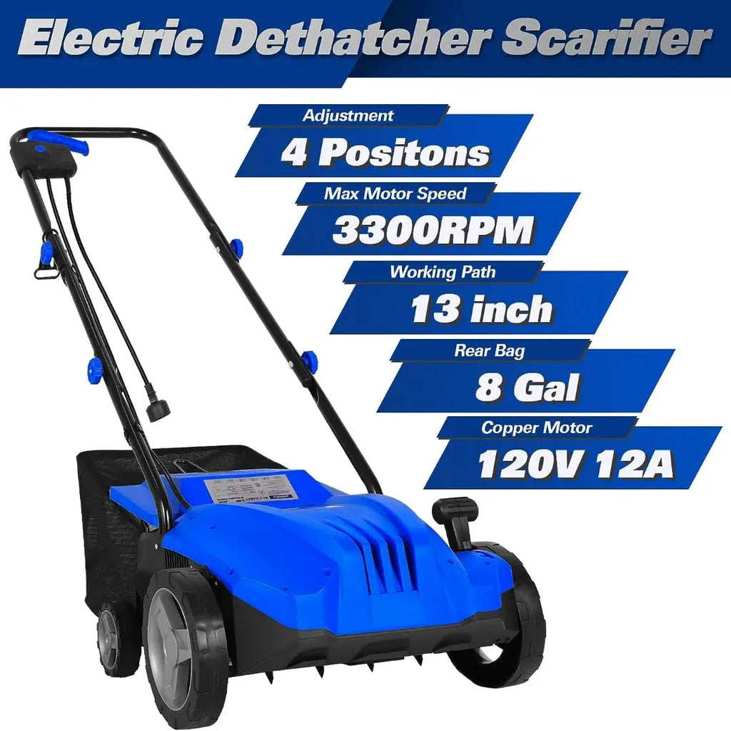 BILT HARD 12 Amp Electric Dethatcher & Scarifier: 13" Width, 8-Gallon Bag, 2-in-1 Walk-Behind Lawn Tool
