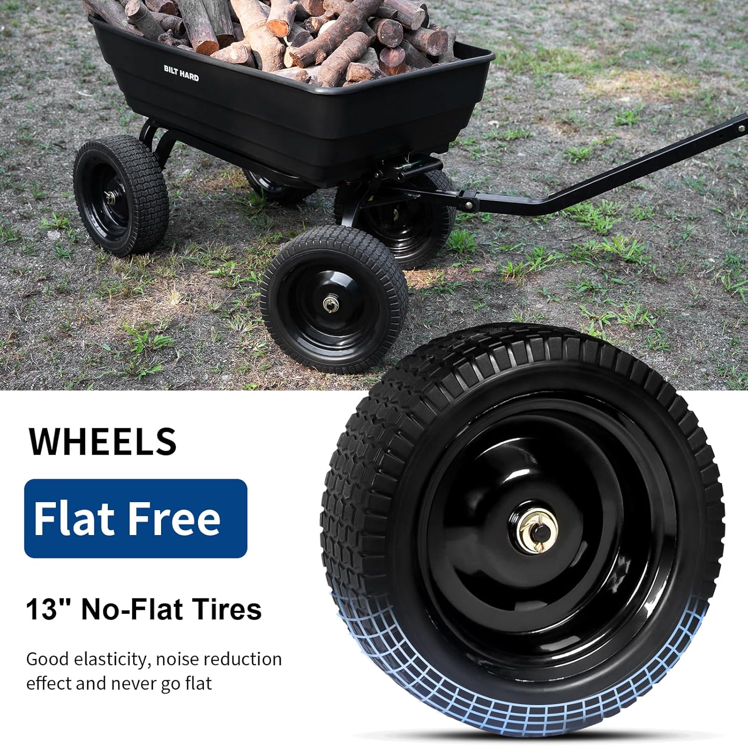 BILT HARD 1200 lbs 7 Cu Ft Poly Garden Dump Cart with 2-in-1 Convertible Handle, No Flat Tires, Quick Release, Dump Wagon Heavy Duty for Yard, Outdoor