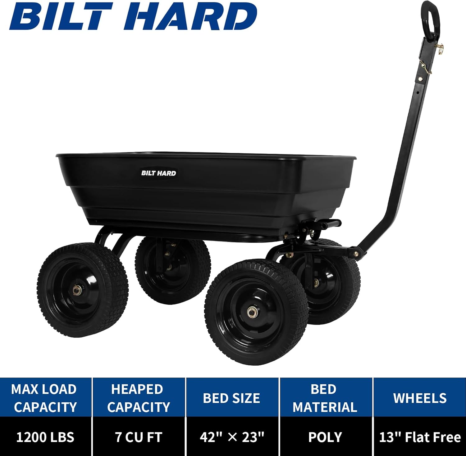 BILT HARD 1200 lbs 7 Cu Ft Poly Garden Dump Cart with 2-in-1 Convertible Handle, No Flat Tires, Quick Release, Dump Wagon Heavy Duty for Yard, Outdoor