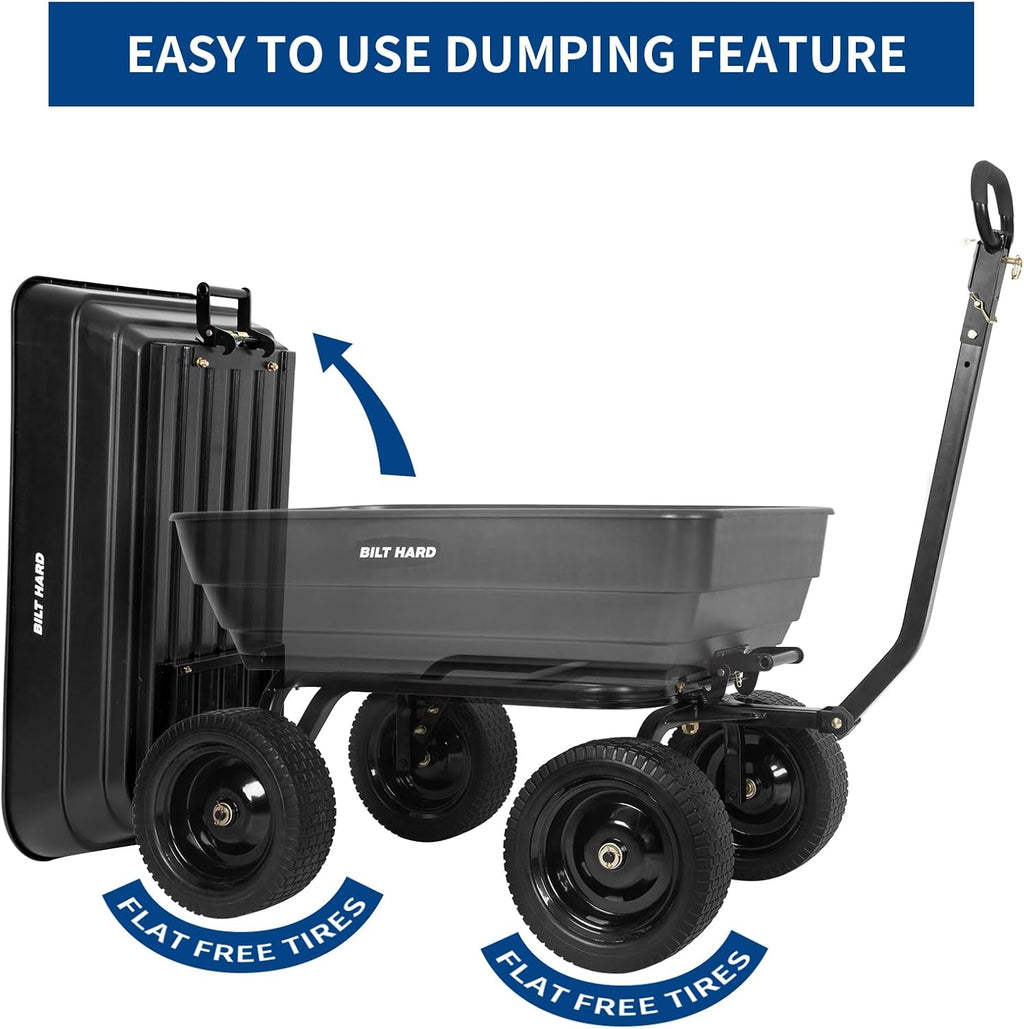 BILT HARD 1200 lbs 7 Cu Ft Poly Garden Dump Cart with 2-in-1 Convertible Handle, No Flat Tires, Quick Release, Dump Wagon Heavy Duty for Yard, Outdoor
