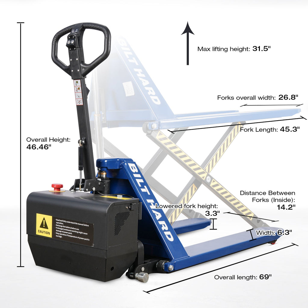 BILT HARD 3,300-Lb Semi-Electric High-Lift Pallet Jack, 31.5-Inch Lift Height