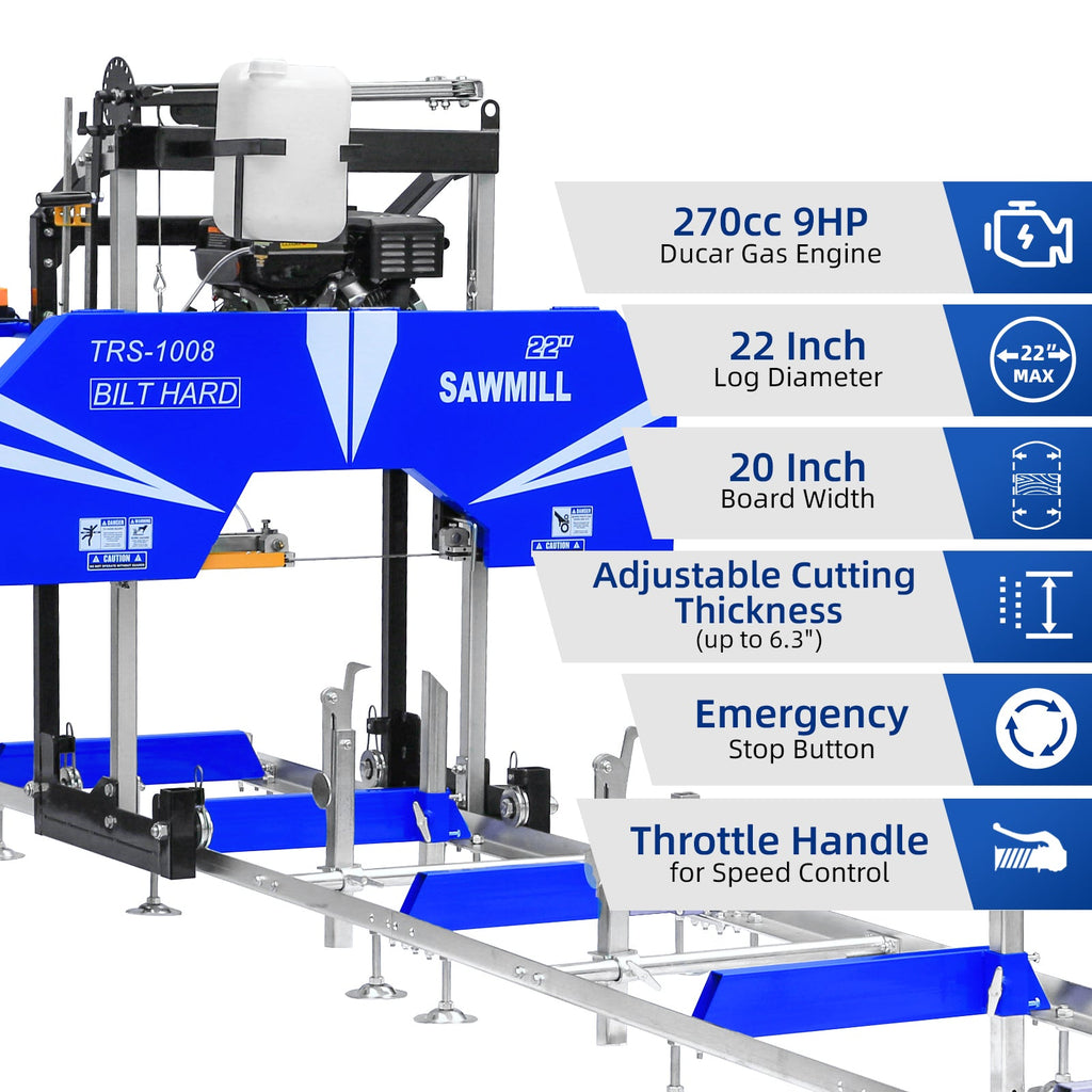 BILT HARD 22" Portable Sawmill with 9HP 270cc Ducar Engine | Includes 10 Saw Blades