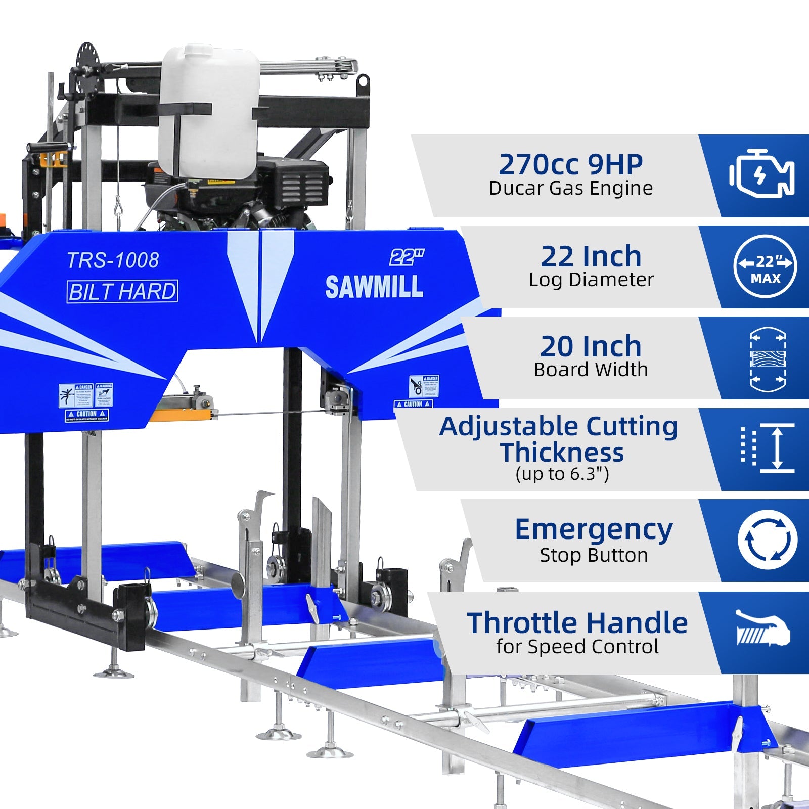 BILT HARD 22" Portable Sawmill with 9HP 270cc Ducar Engine | Includes 10 Saw Blades