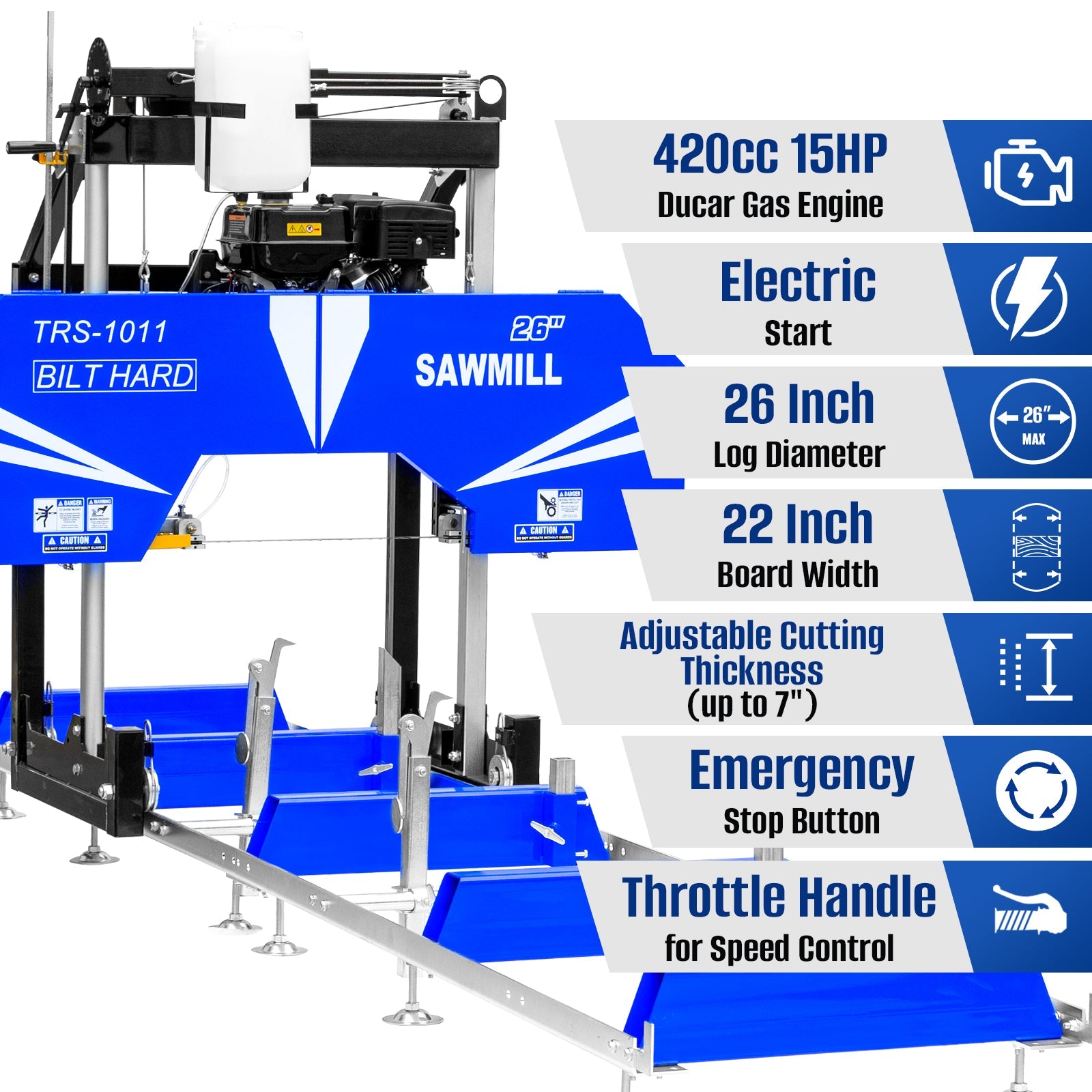 BILT HARD 26" Portable Sawmill with 15HP 420cc Gas Powered Engine | Includes 10 Bonus Blades