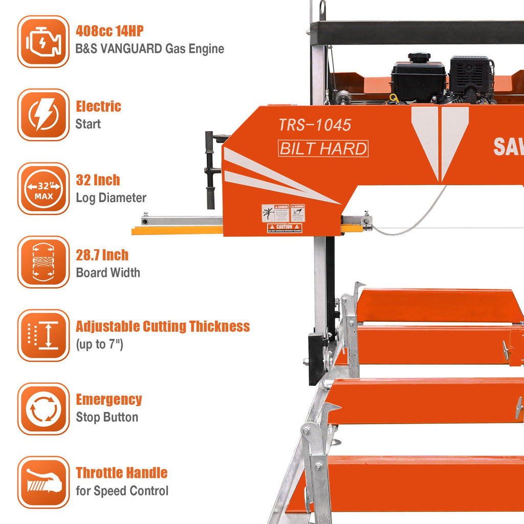 BILT HARD 32" Portable Sawmill, 14HP 408cc Briggs & Stratton Vanguard E-Start Engine, 32" Log Capacity, 28.7" Board Width